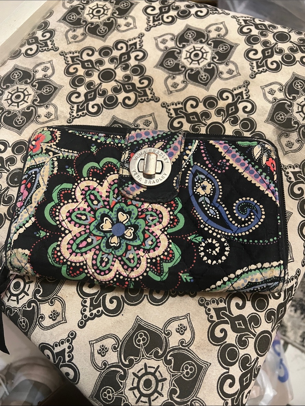 Vera Bradley Black Quilted Wallet with Multicolor Paisley and Floral Print
